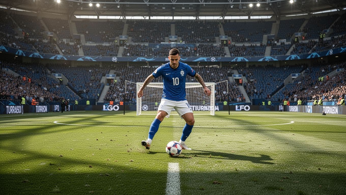 A focused soccer player wearing a vibrant blue jersey prepares to strike a ball on a lush green pitch. High-intensity stadium floodlights illuminate the wide field during a competitive tournament match.