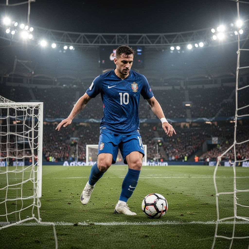 A professional soccer player wearing a blue French national team jersey positions himself to strike a ball within the penalty box. Brilliant stadium floodlights illuminate the grass under his focused gaze.