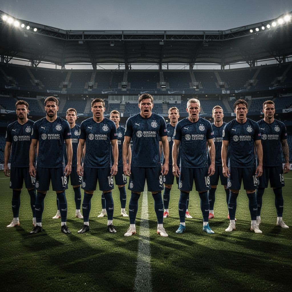 Dark blue soccer team looks frustrated on field with empty stadium background.