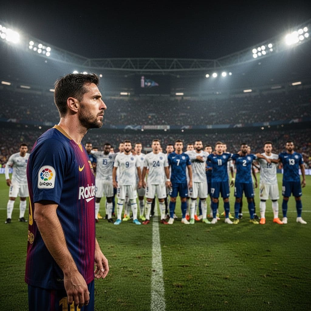 Frustrated footballer in blue-red jersey stares at dense white-blue defenders in night stadium.