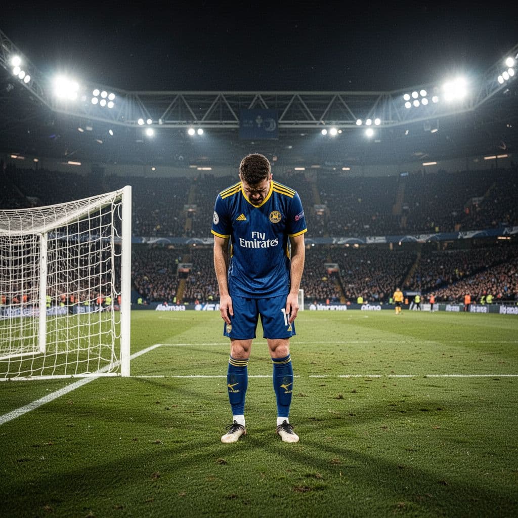 Football player in blue-yellow jersey looks frustrated near goal in lit stadium.