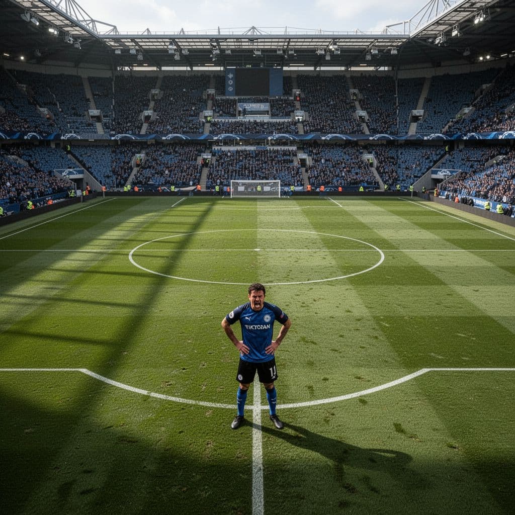 Football player in blue-black kit stands hands on hips near center circle, looking frustrated in stadium.