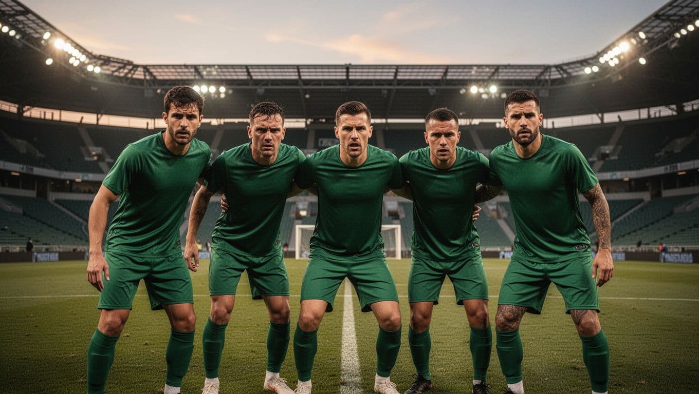 Frustrated soccer players in green jerseys struggle under pressure in midfield at dusk.