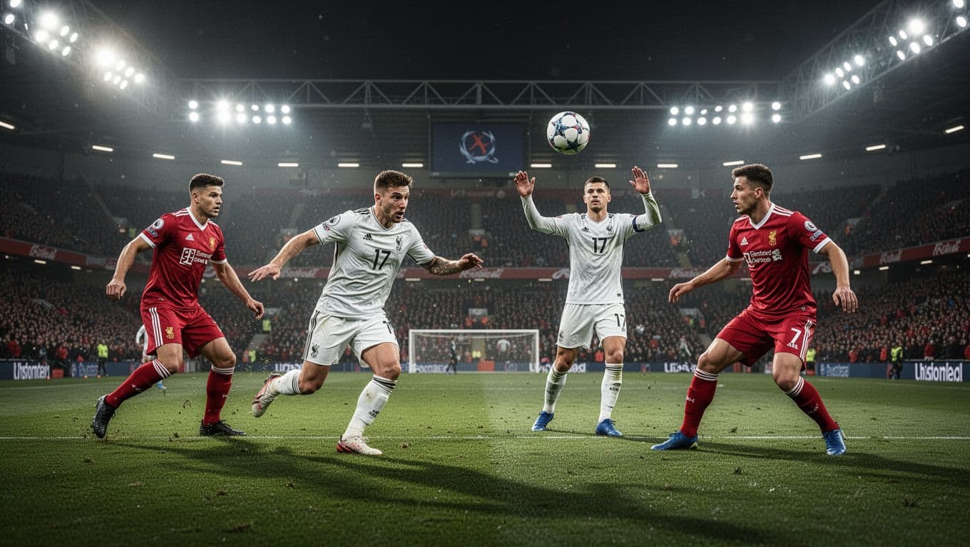 Fulham forward sprints into space from midfielder's free kick cross as Arsenal defenders tense up on lit green pitch.