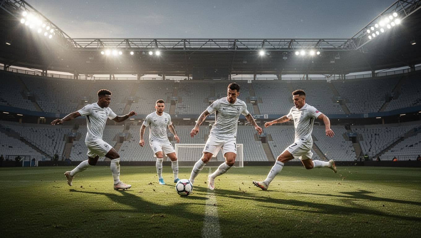Four Fulham players in white kits launch quick counter-attack; winger crosses ball as forward runs into space during free kick under stadium lights.