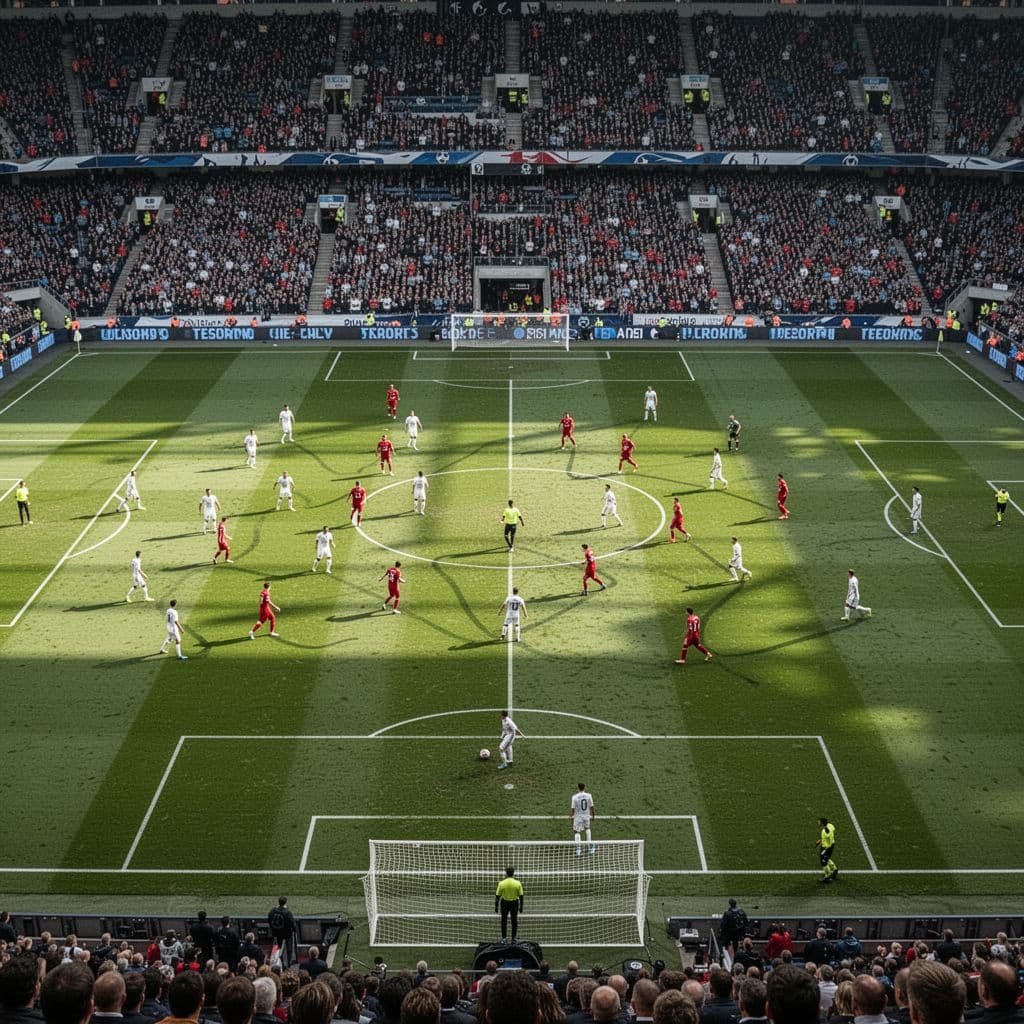 An overhead view of a professional football match showing players in tactical positions on a packed pitch.