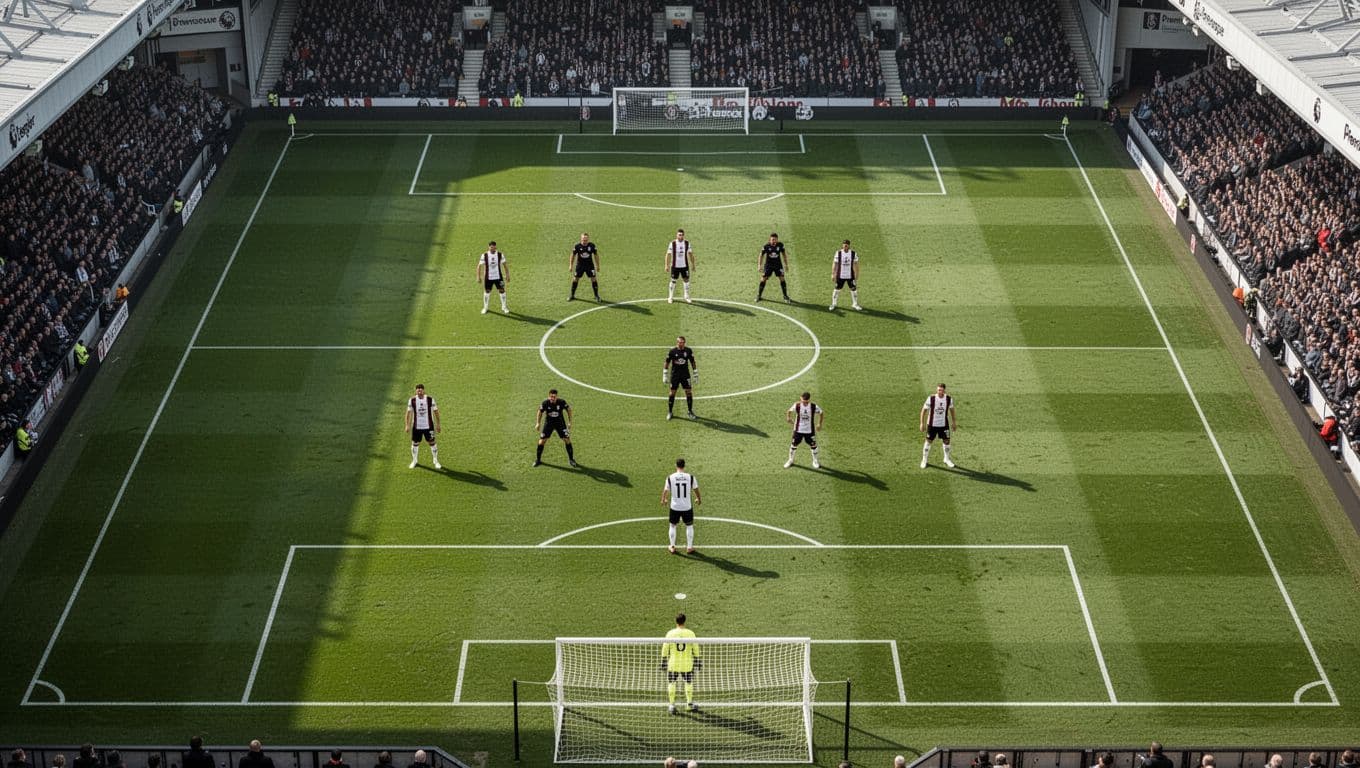 Overhead infographic of Fulham's 11 players in 4-2-3-1 formation on green Premier League pitch with stadium background.