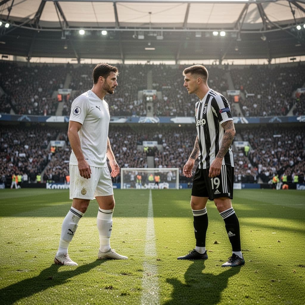 Two opposing soccer players compete for ball possession on a professional stadium field.