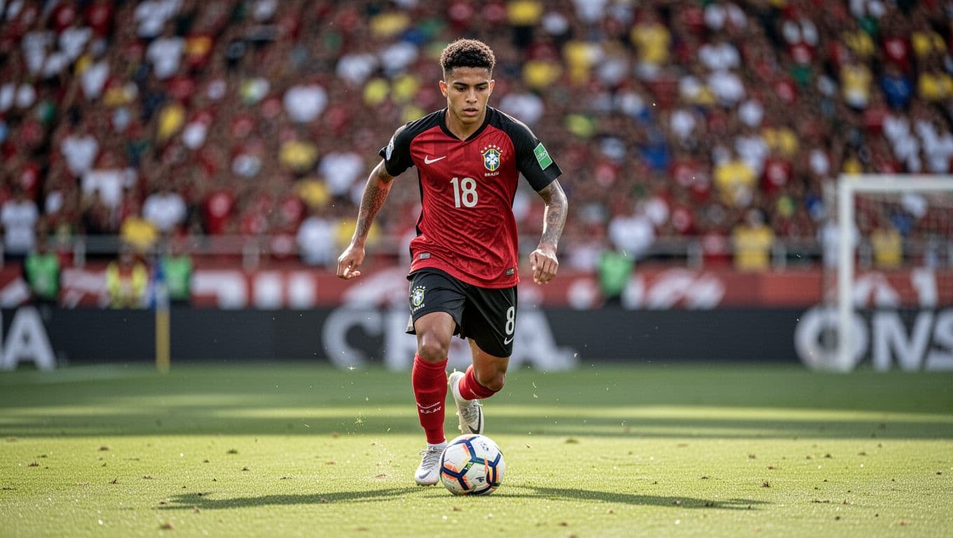 Gabriel Baralhas dribbles ball forward in EC Vitória red-black jersey on green pitch with Barradão crowd behind.