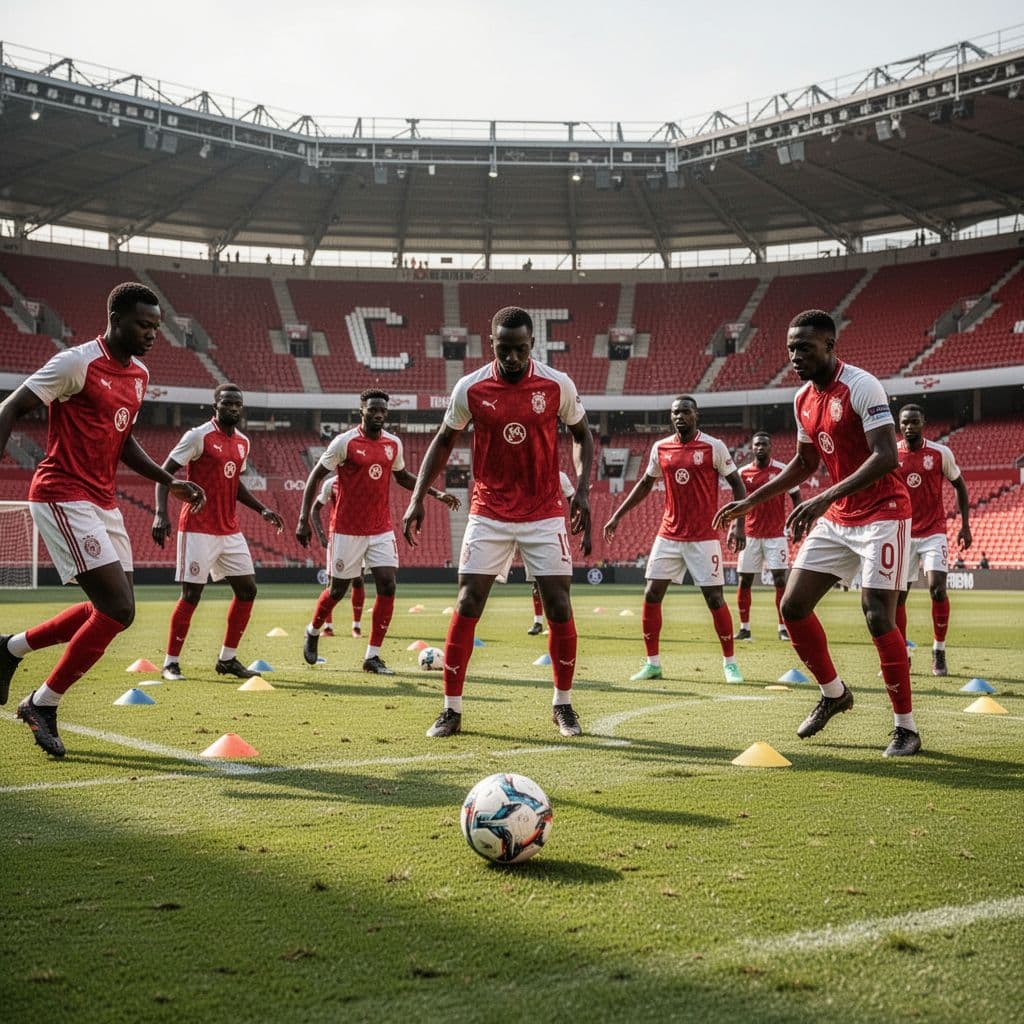 Players dressed in matching red and white uniforms practice tactical drills on a vibrant green stadium pitch. A single soccer ball rests on the grass near the focused athletes in action.