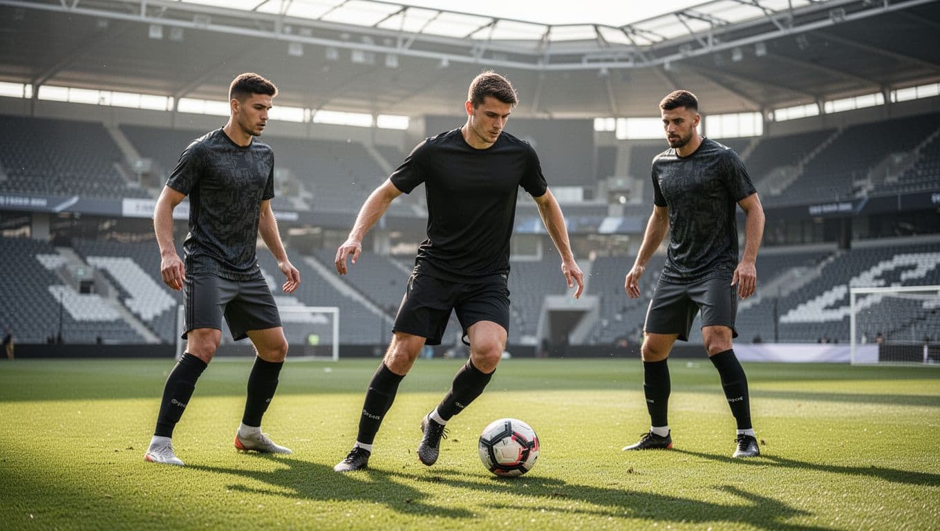 Rodrigo Garro in black Corinthians jersey dribbles soccer ball forward, two teammates nearby in formation at Neo Quimica Arena day match.