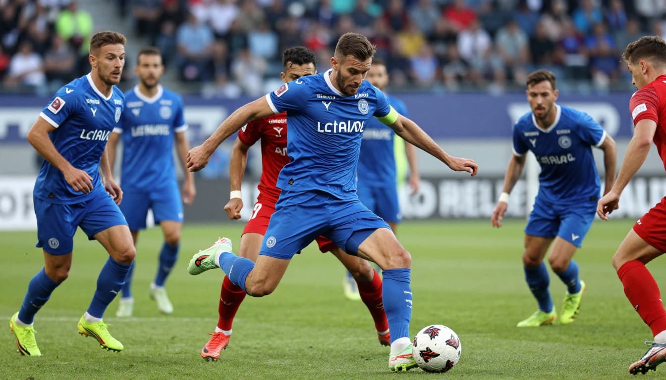 Le Havre defender Gautier Lloris in blue jersey intercepts pass in midfield under opponent pressure, teammates structured behind.