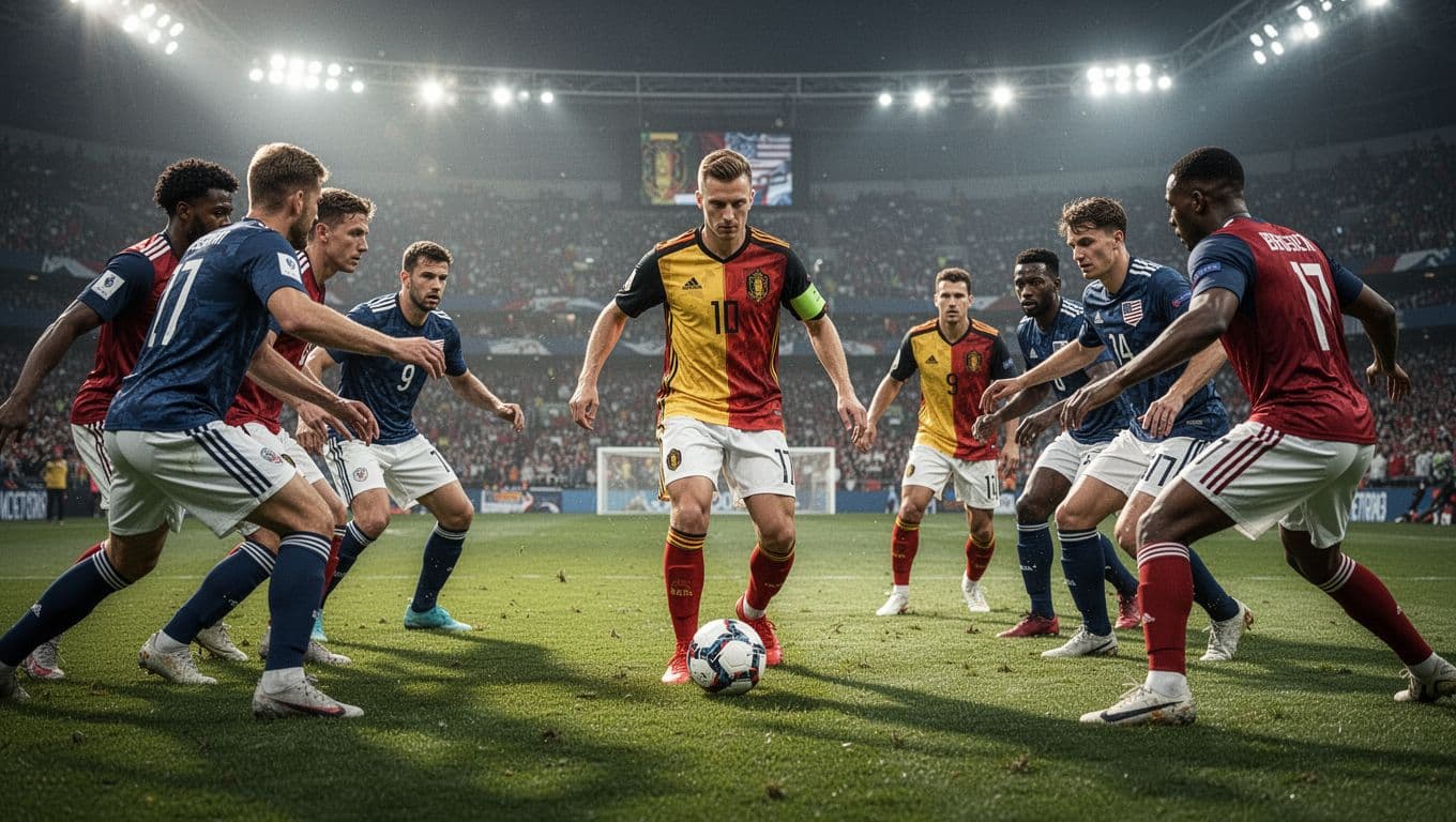 Seorang gelandang timnas Belgia membawa bola dengan tenang di tengah lapangan, sementara pemain lawan dari Amerika Serikat mengepungnya dengan gerakan yang tidak teratur di bawah cahaya stadion yang sangat terang.