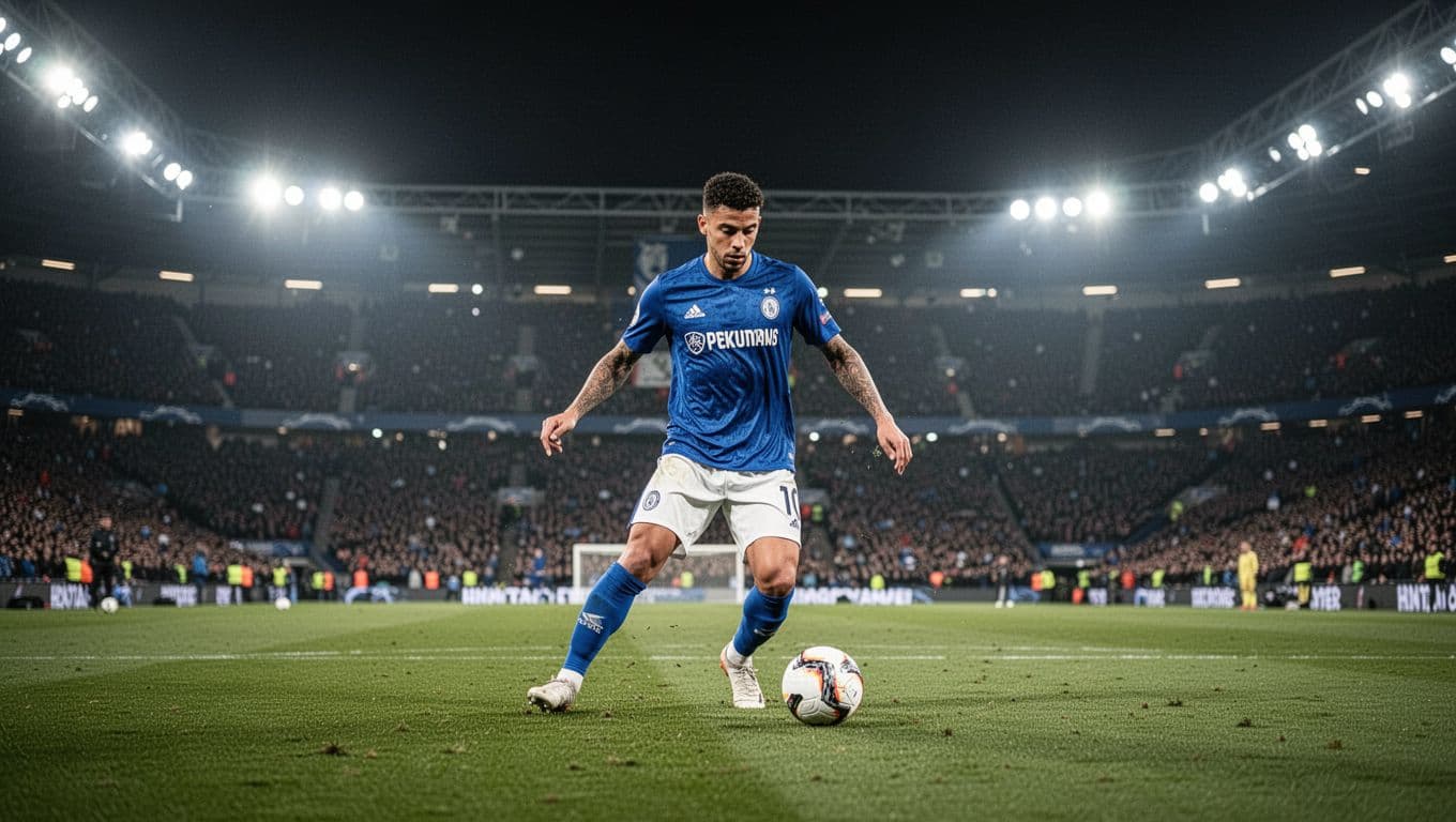 Seorang pemain sepak bola mengenakan jersey biru sedang melakukan operan akurat di tengah stadion besar. Lampu sorot stadion menyinari lapangan hijau dengan cahaya terang di bawah suasana pertandingan yang sangat intens.