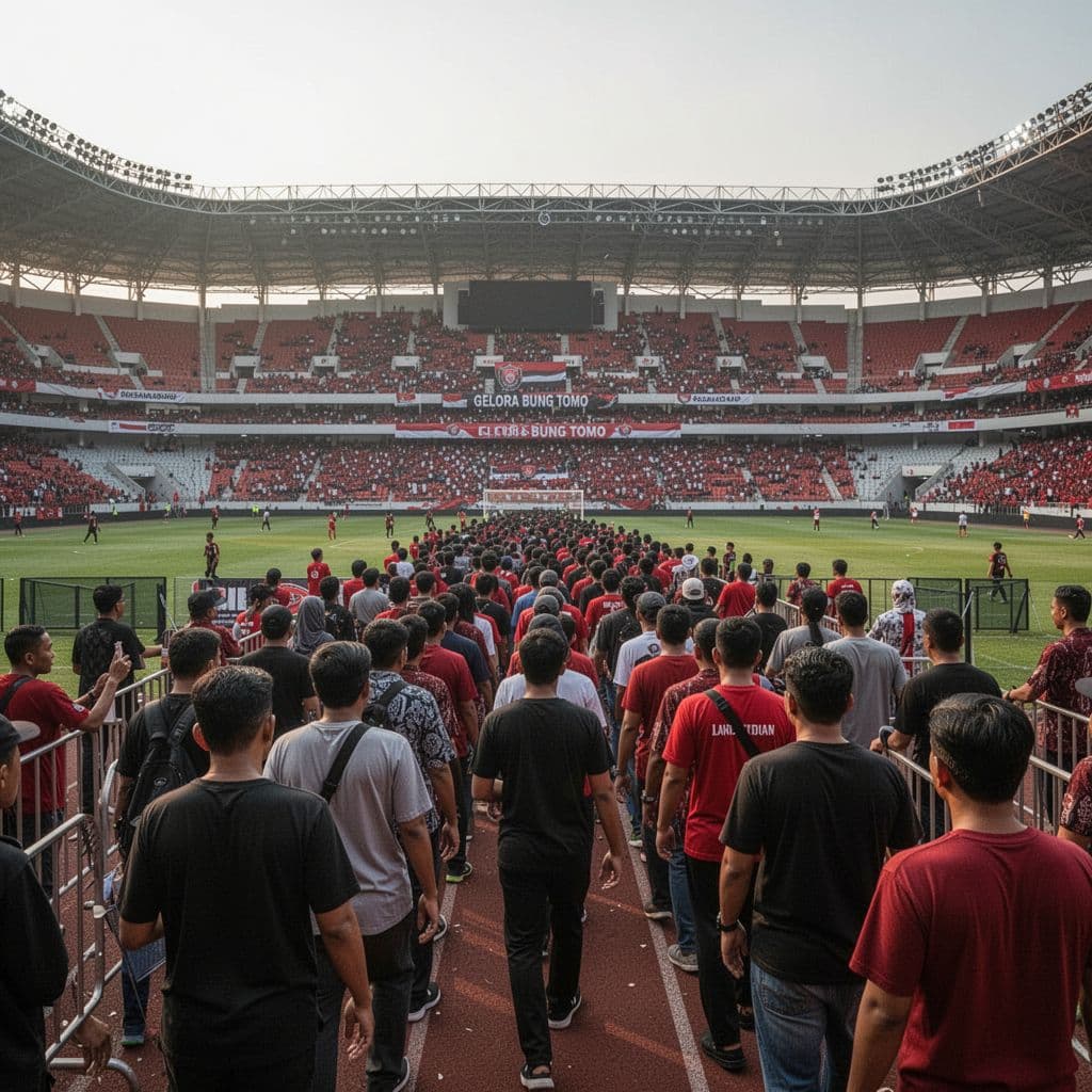 Enthusiastic crowd lines up to enter the Gelora Bung Tomo stadium during a warm afternoon.