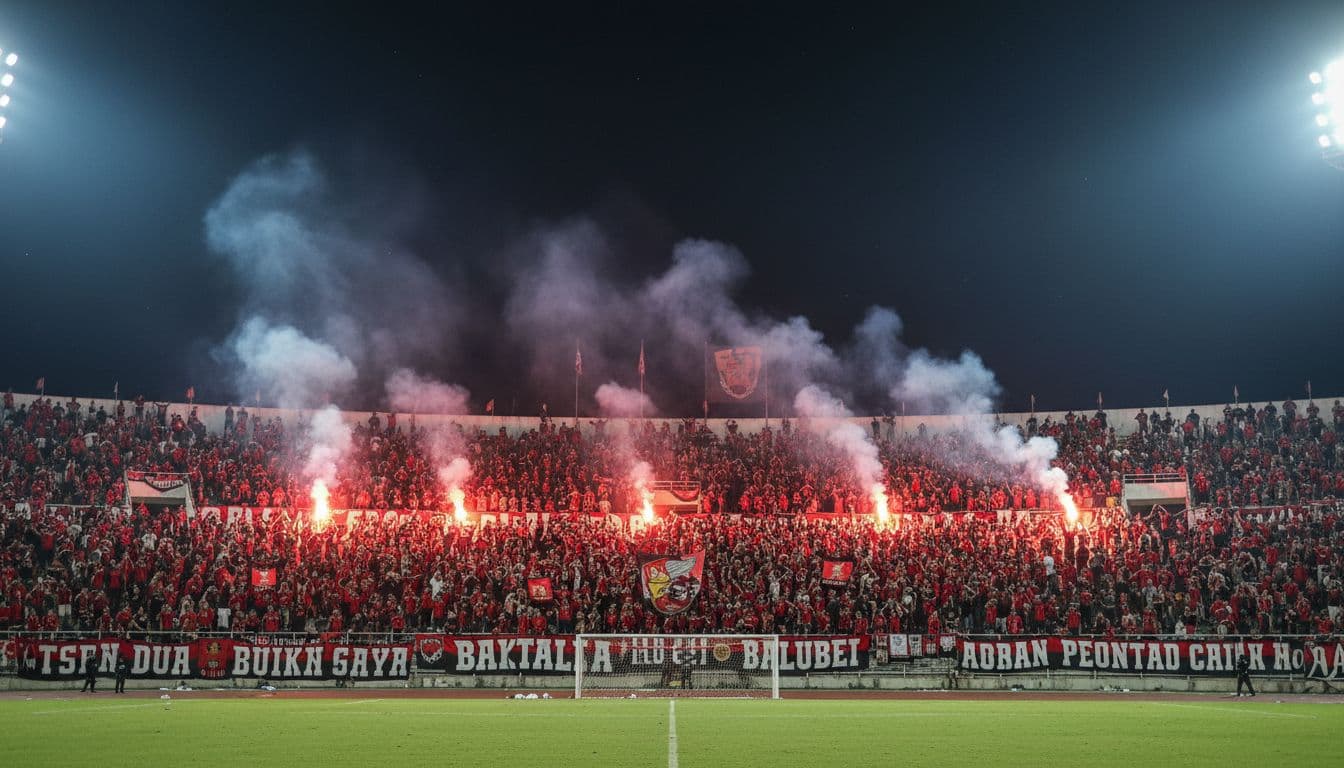 Night view of packed stands at Stadion Gelora Habibie with PSM Makassar supporters in red-black jerseys cheering amid banners and flares.