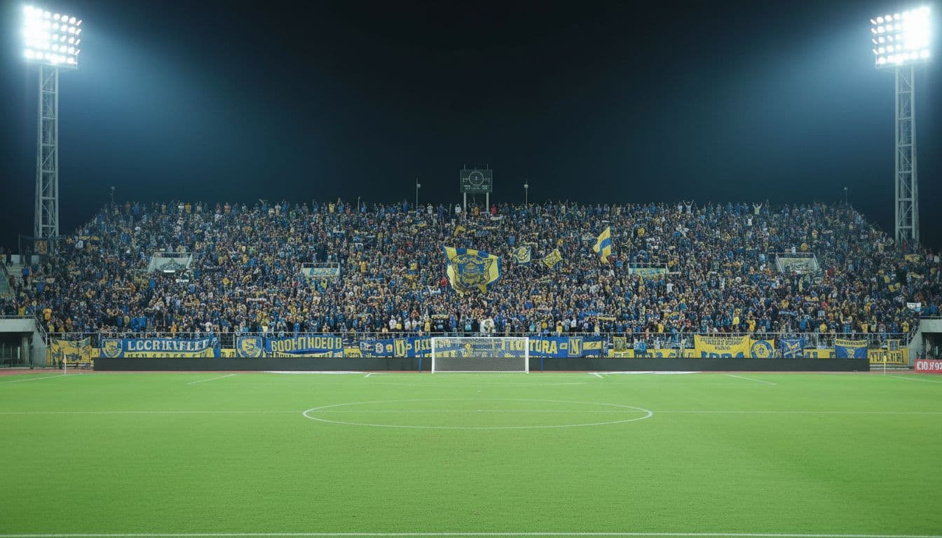 Crowded stands with blue-yellow fans cheering at night, empty soccer field in foreground.