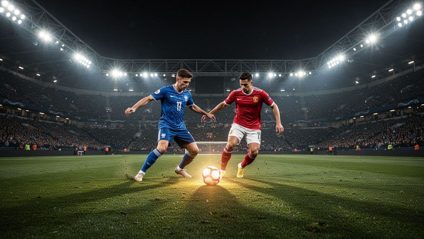Two soccer players compete for possession on a grass pitch under bright stadium floodlights.