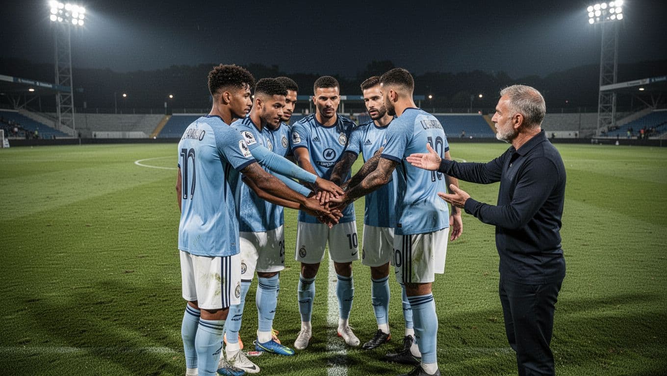 Five Genoa CFC players huddle with coach on Serie A pitch under evening lights, faces focused and calm.