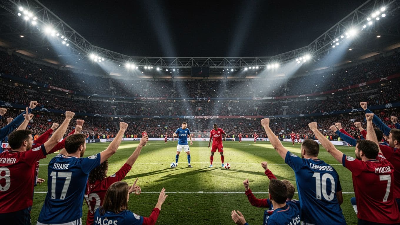 Stadio Luigi Ferraris packed with Genoa CFC fans in red-blue jerseys cheering during night Serie A home match vs Fiorentina, two players warming up on spotlighted pitch.