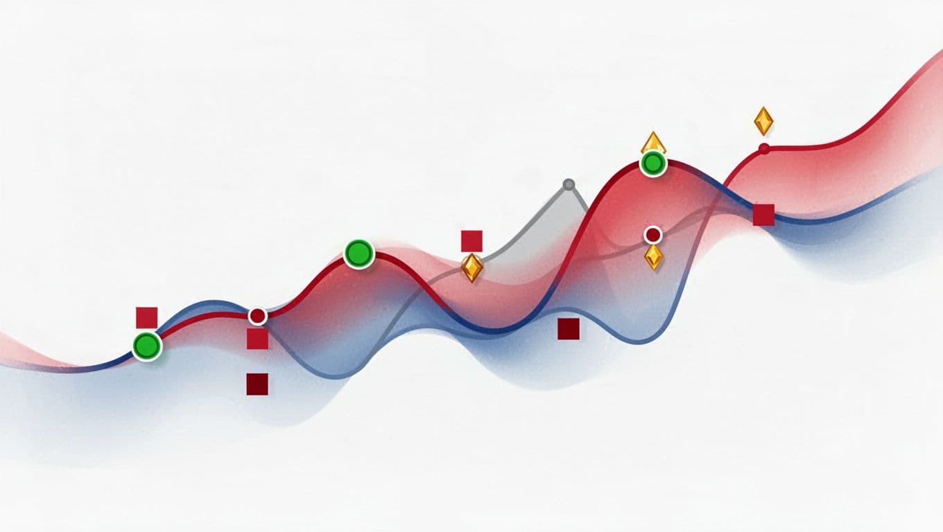 Line graph of Genoa's fluctuating Serie A 2026 results: wins vs Torino and Cagliari, losses to Como and Pisa, draw with Atalanta in red-blue.