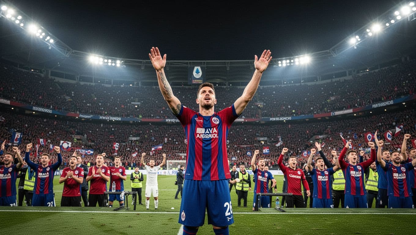 Stadio Luigi Ferraris packed with Genoa CFC fans in red-blue jerseys cheering a player raising arms after goal under floodlights.