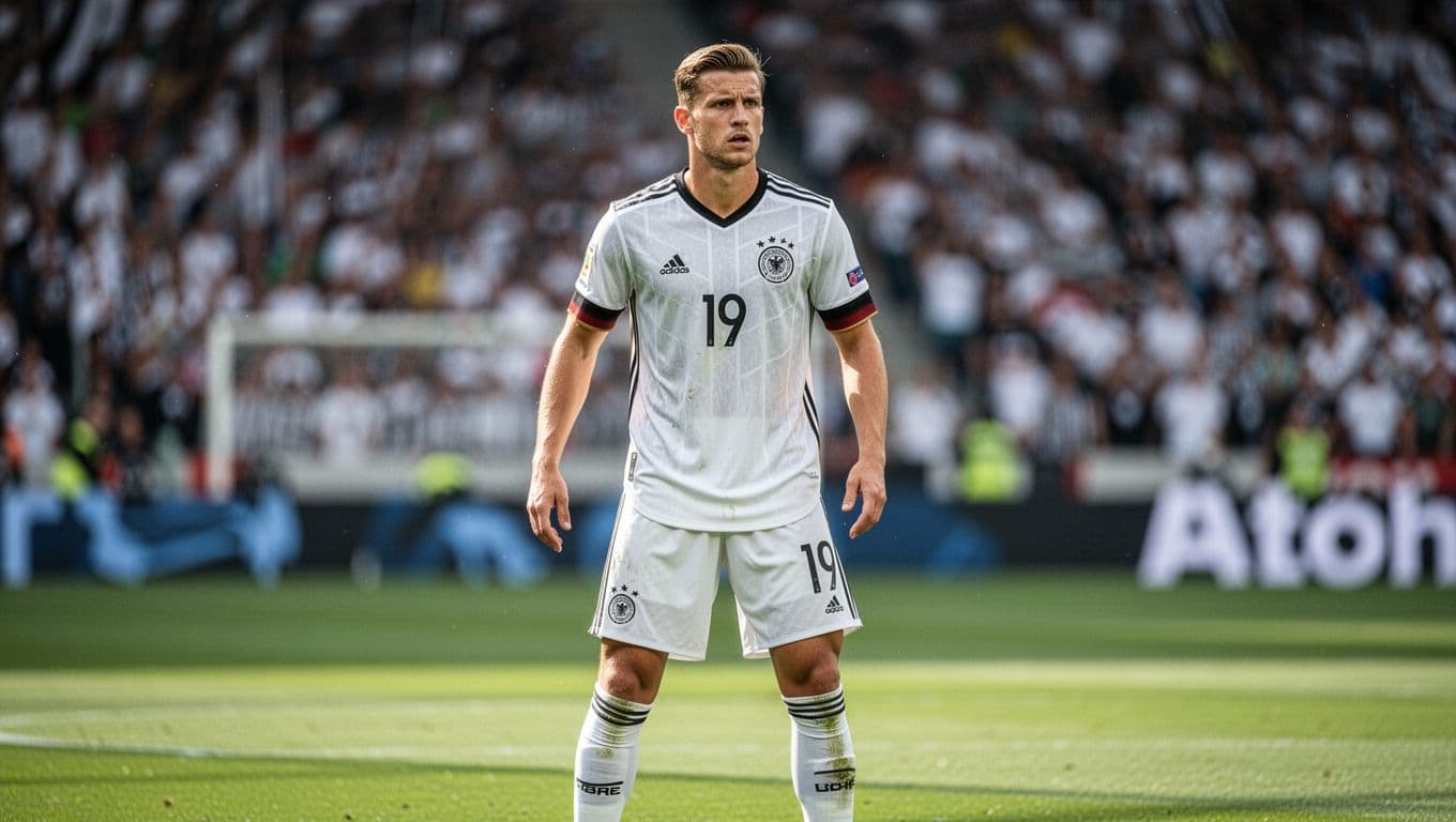 A focused German midfielder stands on a vibrant green grass pitch during a match. He scans the field for passing options while a blurred, packed stadium fills the background behind him.