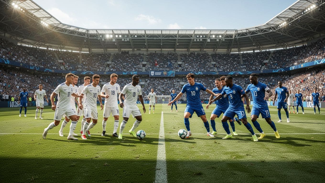 Two soccer teams in white and blue jerseys face each other on a sunlit professional pitch. A wide stadium view shows players positioned across the field during a major tournament match.