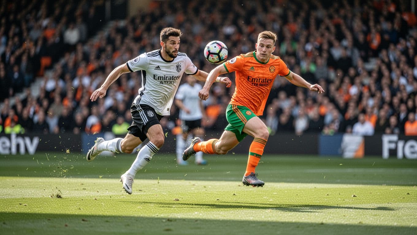 A German player and an Ivory Coast athlete battle for possession of a soccer ball on a vibrant green pitch. Bright sunlight illuminates the intense duel as a blurred crowd watches.
