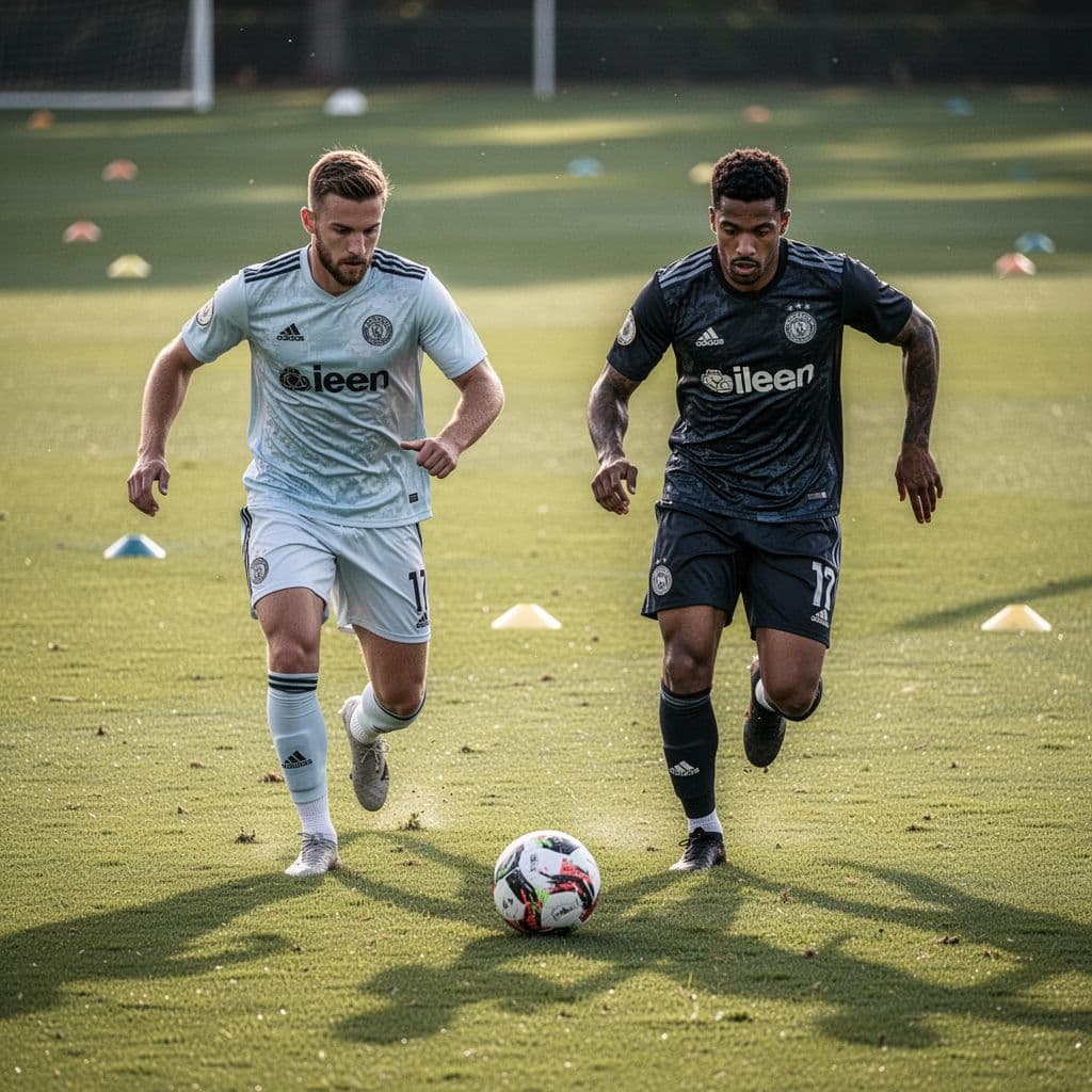 Two soccer players from Germany and Ivory Coast practice on a vibrant green grass pitch. They wear professional training kits, displaying intense focus and determination during their pre-match preparation session.
