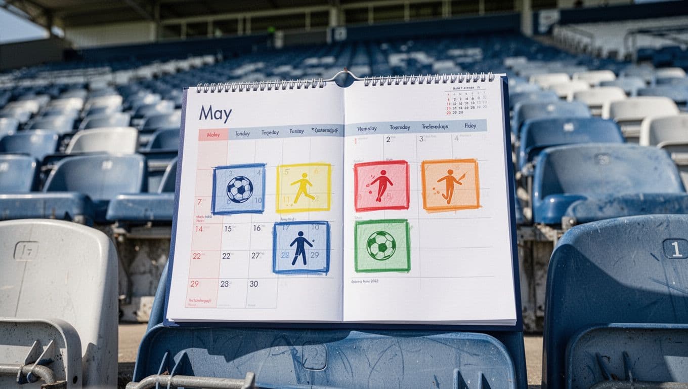 May 2026 calendar highlights four Getafe CF La Liga dates with icons over blue-white stadium seats.