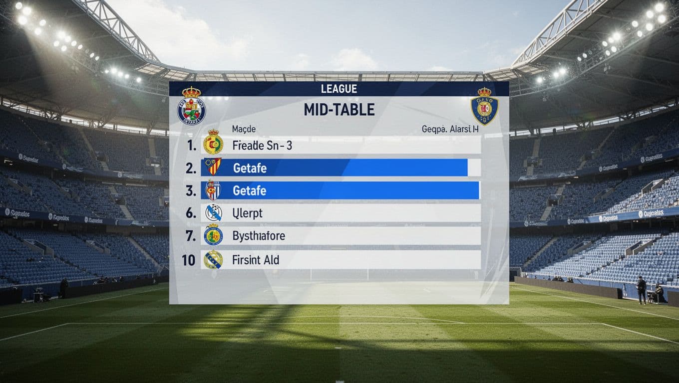 Soccer standings chart on stadium scoreboard highlights Getafe in blue at 11th among mid-table teams.