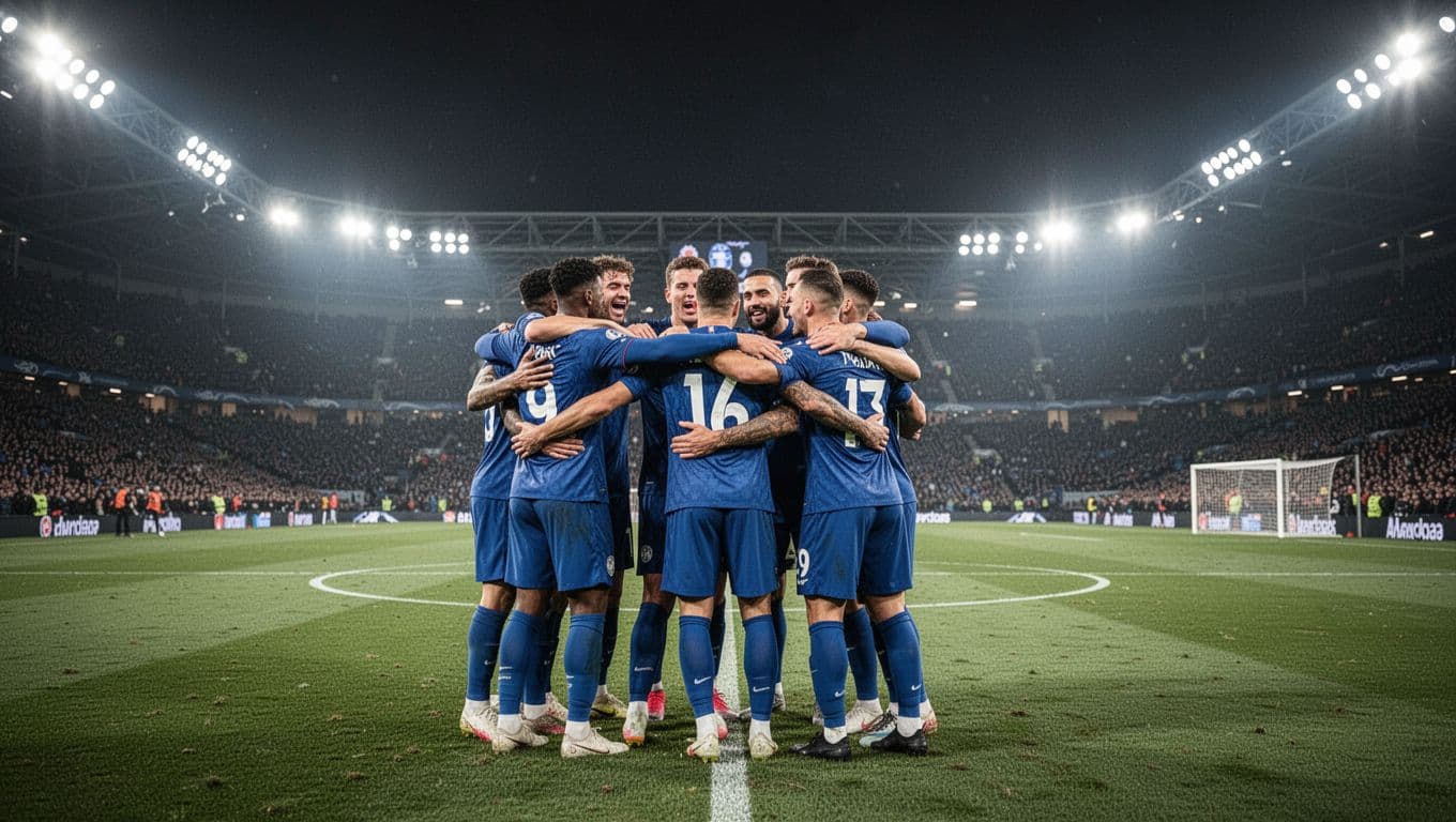 Getafe CF players in blue jerseys hug and cheer after winning goal at Coliseum Alfonso Pérez stadium under bright night lights.