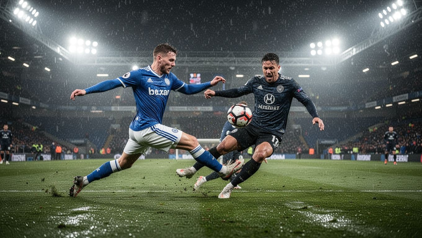 Getafe striker in blue jersey misses shot on goal, defender blocking, frustrated face in rainy night stadium.
