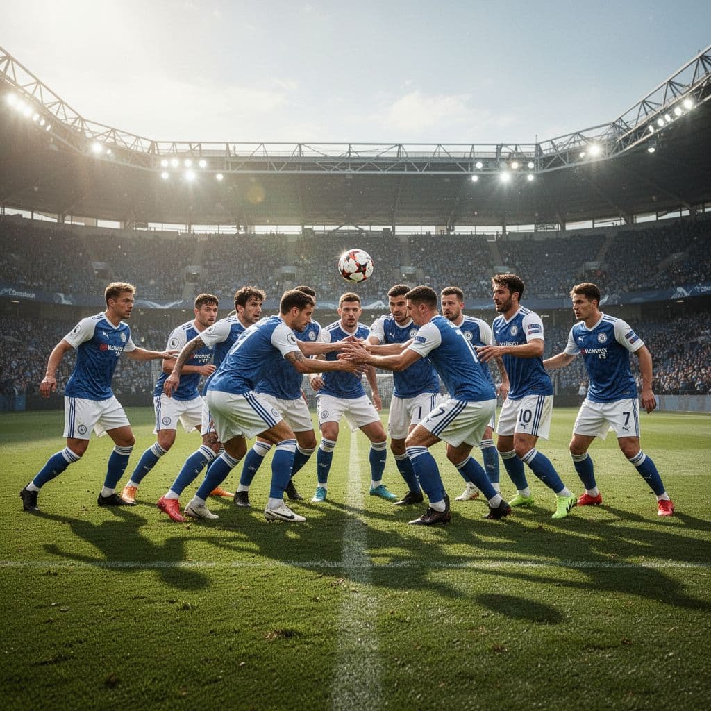 Wide shot of eleven players in blue and white jerseys in dynamic action on a sunny stadium field.