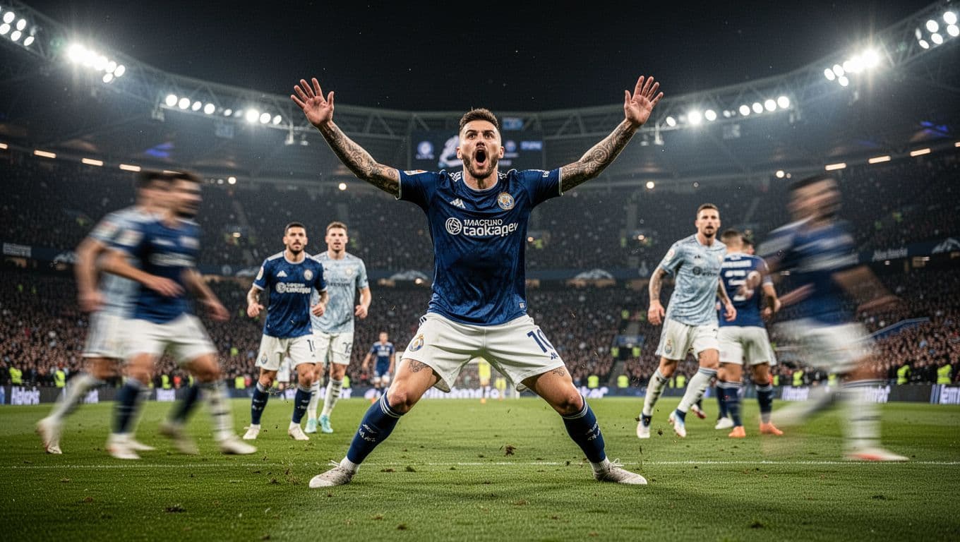 Giovanni Simeone celebrates a goal with teammates in packed night stadium.