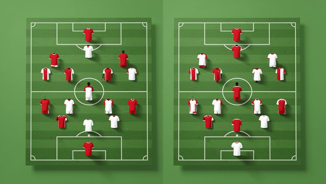 Side-by-side tactical diagrams with 4-3-3 left and 4-2-3-1 right, red-white player icons on green pitch outlines.