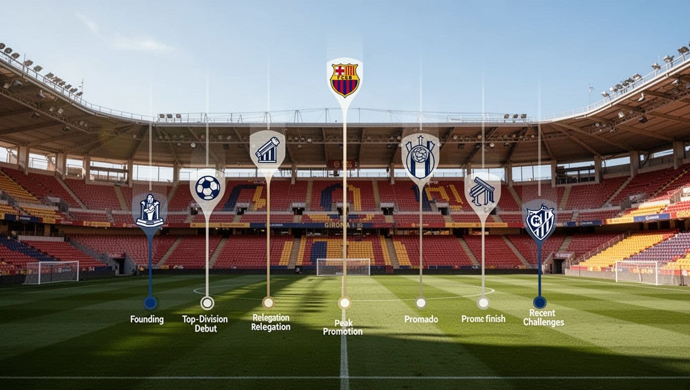 Vertical timeline of Girona FC milestones on Catalonia stadium background with era icons and year markers.