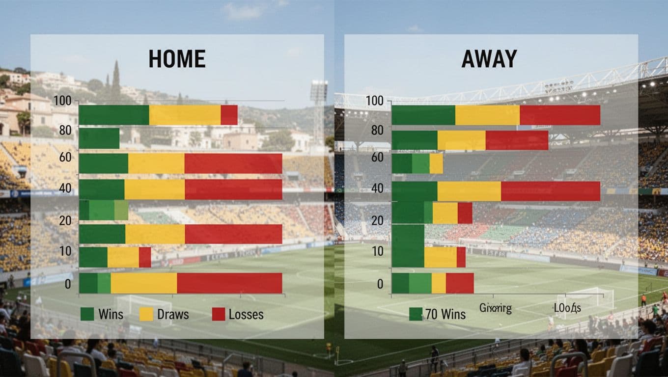 Side-by-side pie charts display Girona FC's La Liga 2025/2026 home stats (6 green wins, 4 yellow draws, 7 red losses) left and away stats (3 green wins, 7 yellow draws, 7 red losses) right, with blurred stadium backgrounds.