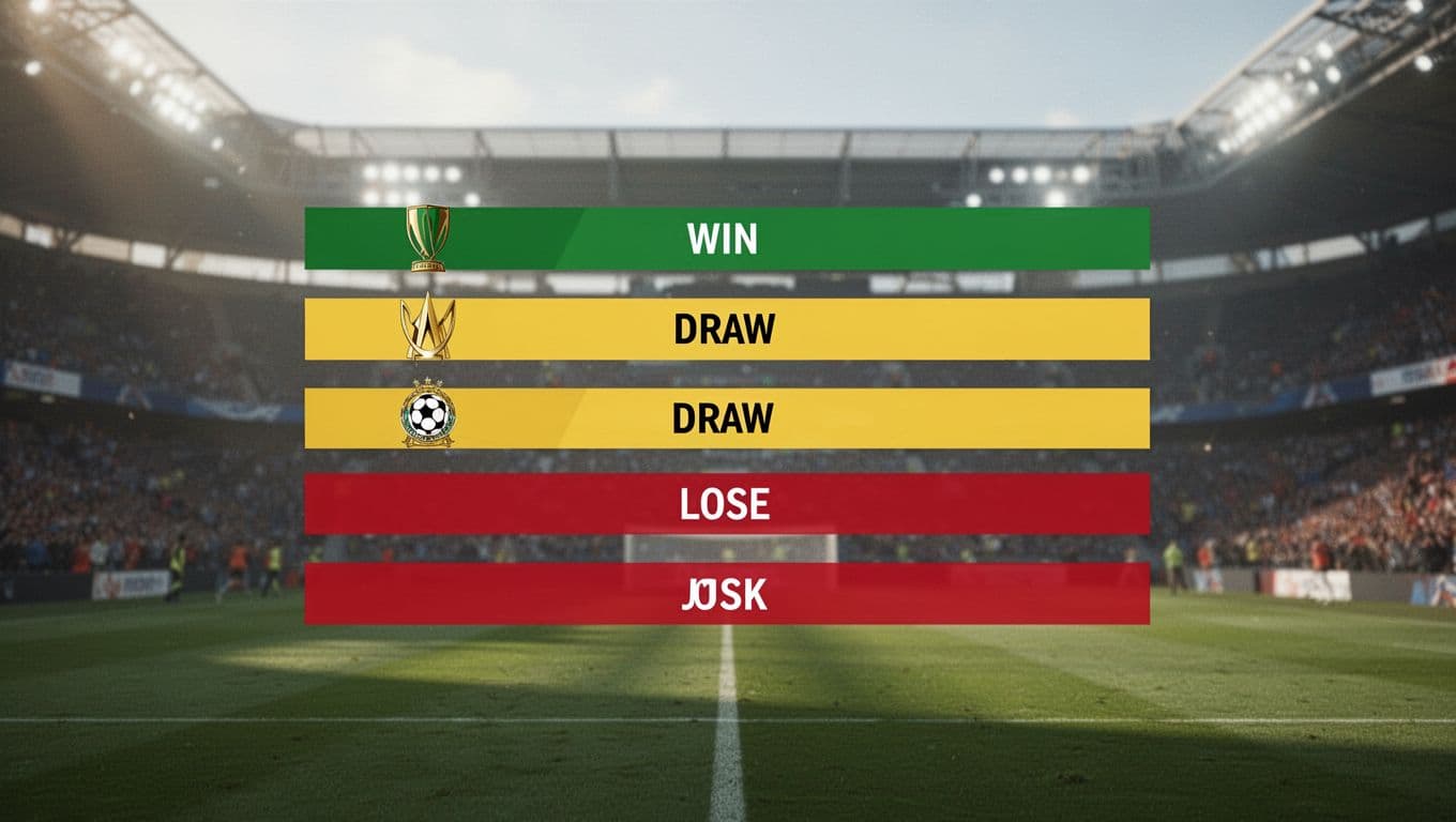 Horizontal bar chart shows Girona FC's last five La Liga results: three red losses, yellow draw, green win, blurred stadium background.