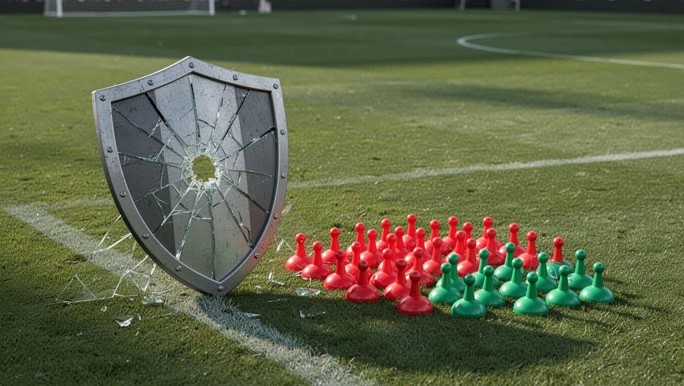 Infographic on football field background features cracked shield icon, 51 goals conceded in red, and 4 clean sheets in green.