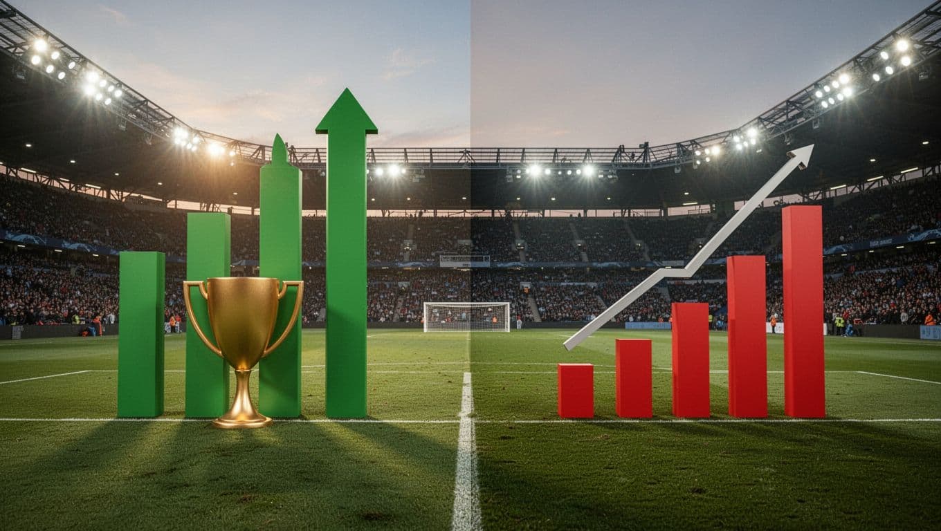 Side-by-side bar charts on football pitch background contrast Girona FC's 2023/24 3rd place peak with trophy and 2025/26 17th place struggles.