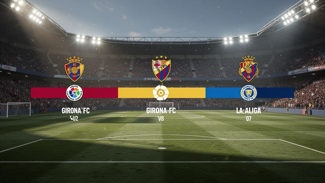 Horizontal timeline infographic on football pitch background showing three Girona FC tight La Liga scores: 0-1 vs Mallorca, 1-0 vs Osasuna, 1-1 vs Levante.