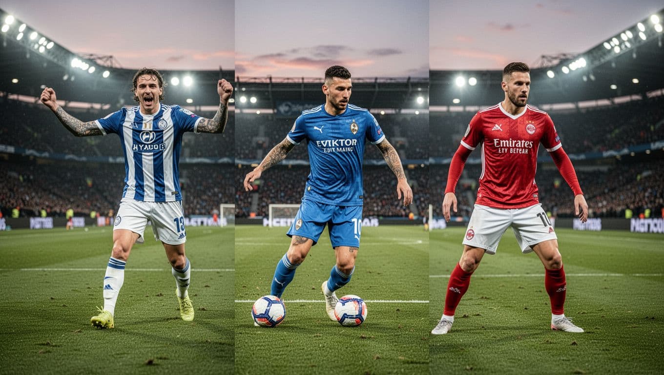 Three Girona FC football players: Christian Stuani as striker scoring, Viktor Tsygankov dribbling on wing, Axel Witsel defending in midfield, on green stadium pitch during match, dynamic action poses side by side, realistic photo style, vibrant stadium lights at dusk, exactly three players visible with two hands each, no extra people no logos no text no watermarks