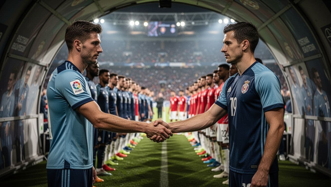 Borussia Mönchengladbach captain shakes hands with opponent in Borussia-Park tunnel, blurred players lined behind.
