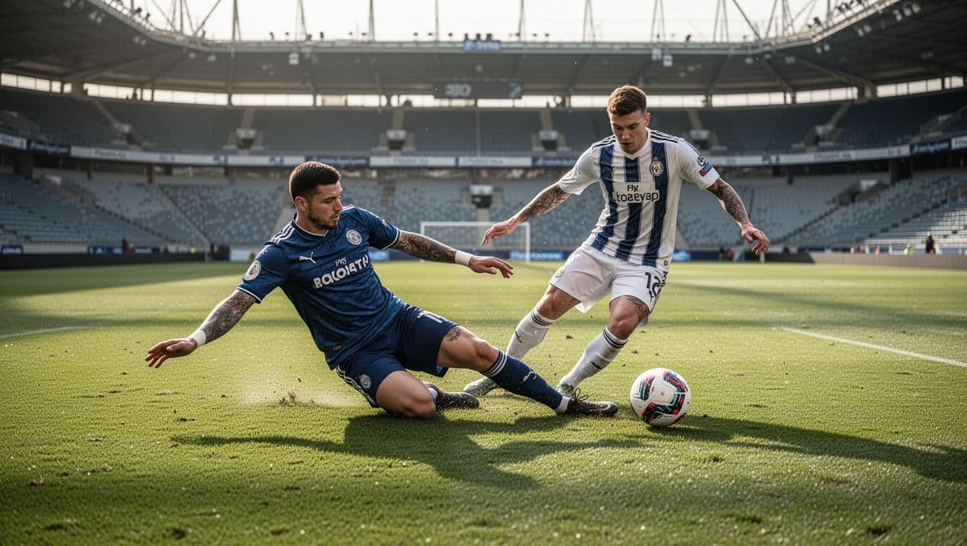 Gladbach defender slides with hands on ground to tackle opponent, who loses ball on midfield grass in daylight stadium.