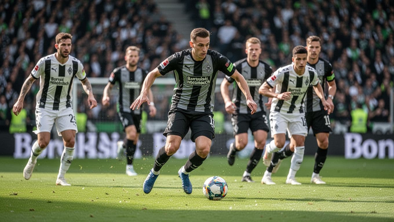Eleven Borussia Mönchengladbach players in high-pressing formation on Borussia-Park pitch, one chasing ball.