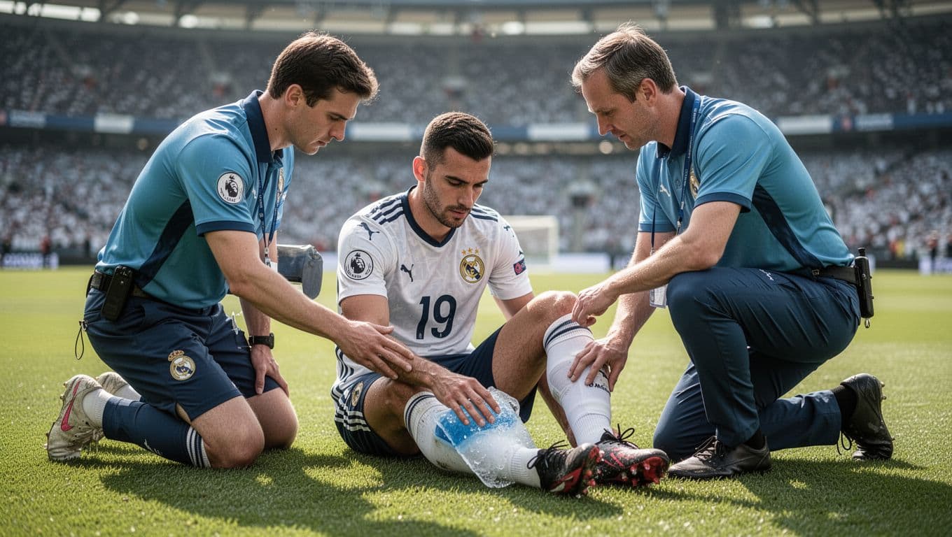 Injured Borussia Mönchengladbach player sits on pitch holding ice pack to ankle, two trainers kneel nearby, blurred stadium stands.