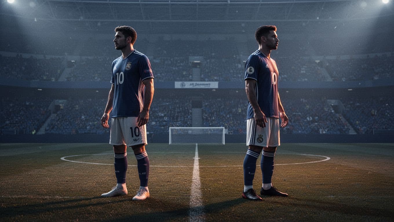 Two vibrant silhouettes stand on a textured football pitch, outlined in striking blue and orange neon light. The players face opposite directions, highlighting their individual focus and professional competitive stature.