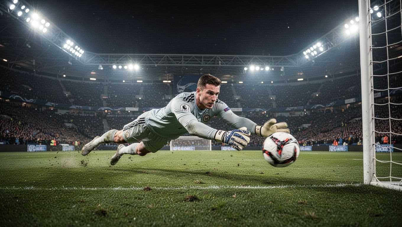 Goalkeeper in light jersey dives to save ball on grass pitch under stadium floodlights at night.
